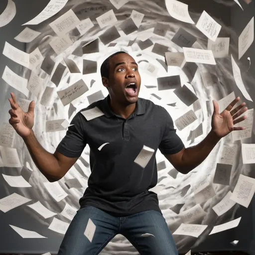 Prompt: black guy surrounded by written words spinning around him in a tornado
