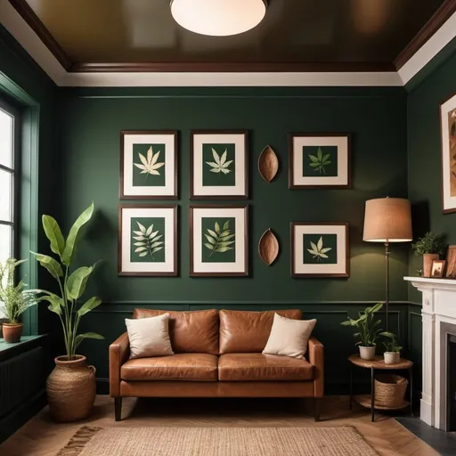 Prompt: Interior of a room with white and dark green walls, brown ceiling, framed photos of leaves on side walls, high resolution, realistic, warm lighting, detailed framing, interior design, indoor, cozy atmosphere, earthy tones, professional photography, interior decoration, cozy, natural elements