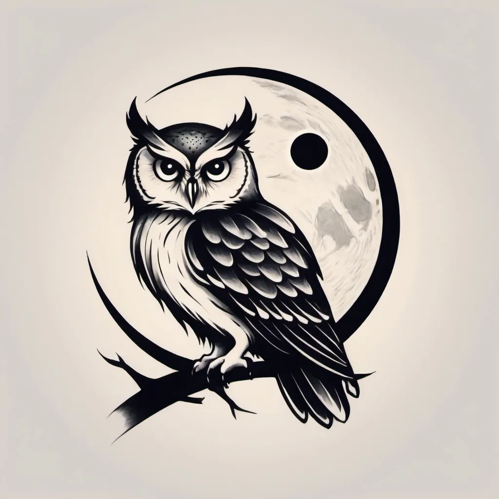 Prompt: Tattoo design featuring a night owl and the moon. Simplistic and minimalist design.