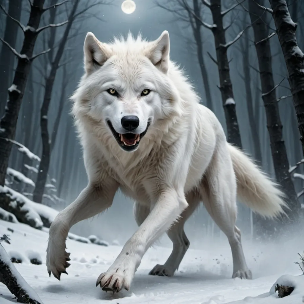 Prompt: A white wolf spirit
A black Werewolf
 races by running with two legs in a forest of snowy mountain under the moonlight 