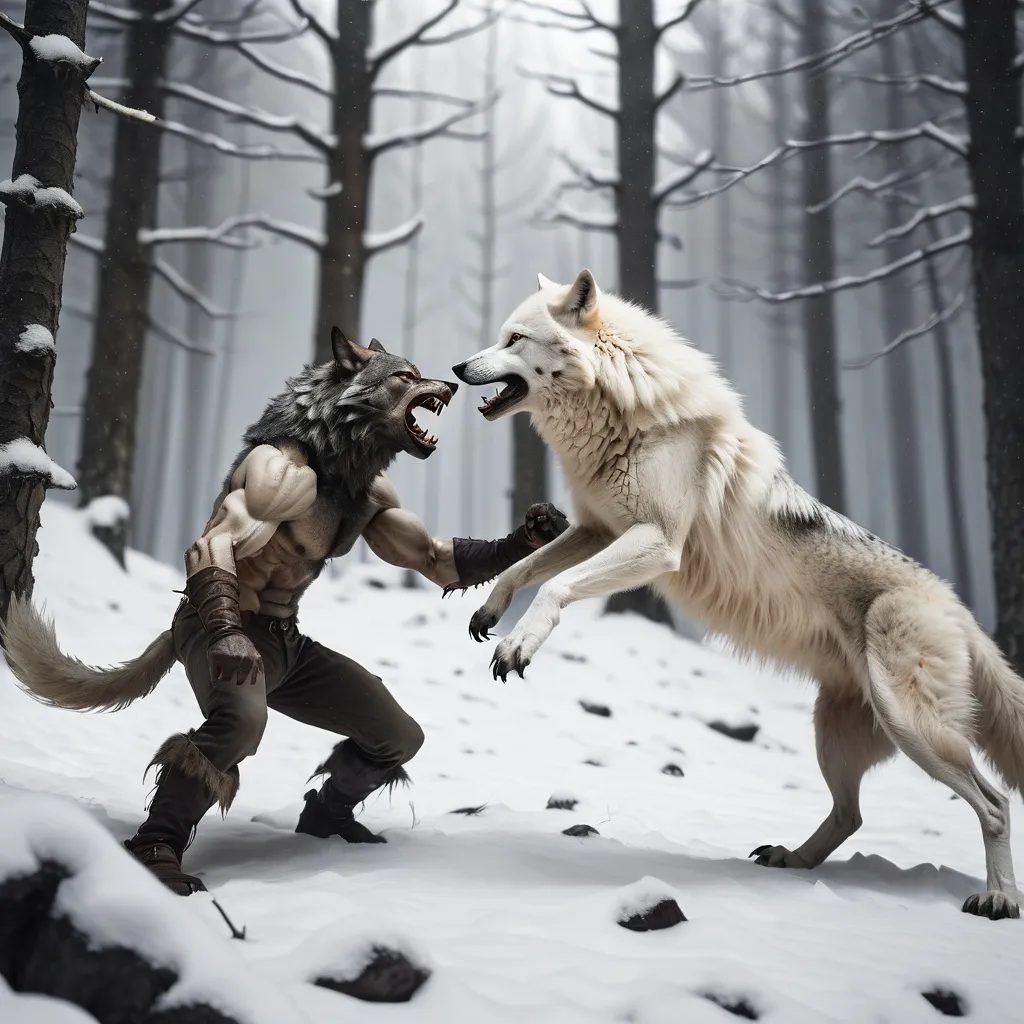 Prompt: White wolf
Fighting against Werewolf
In a forest on a snowy mountain