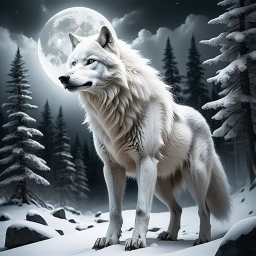 Prompt: White wolf spirit
Racing with werewolf
Silver lining of Moonlight
Forest
Snowy mountain 