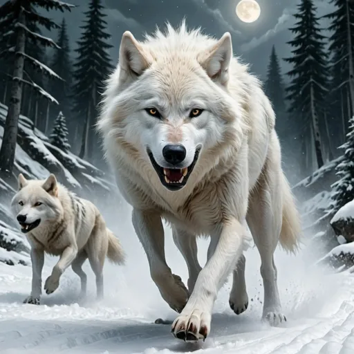 Prompt: White leader wolf
Racing and running with evil tall Werewolf
Forest
Snowy mountain 
Moonlight