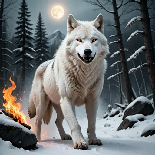 Prompt: A  wolf spirit in white color with Fire
running in a forest of a snowy mountain under the moonlight