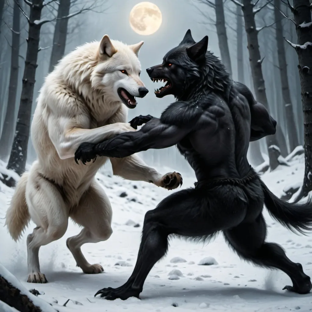 Prompt: White leader wolf fight against a black Werewolf
In a forest of a snowy mountain 
Under moonlight 