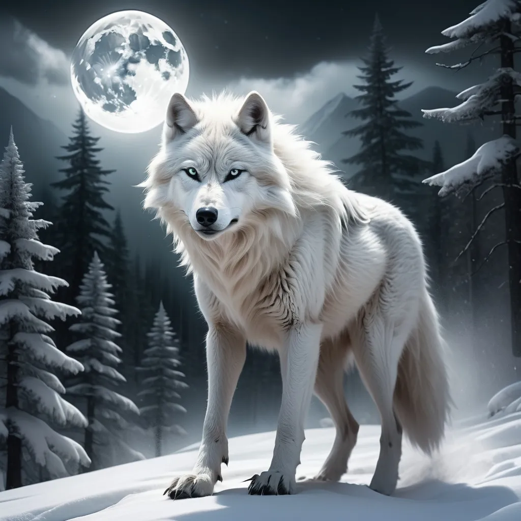 Prompt: White wolf spirit
Racing with werewolf
Silver lining of Moonlight
Forest
Snowy mountain 