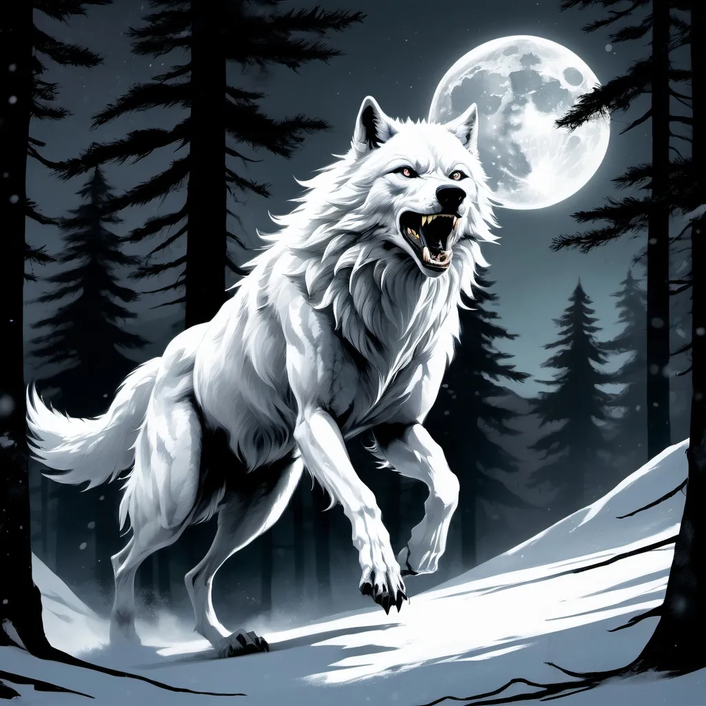 Prompt: A white wolf spirit races with a black thin Werewolf,
Running with two legs,
In a forest of a snowy mountain,
Under moonlight 