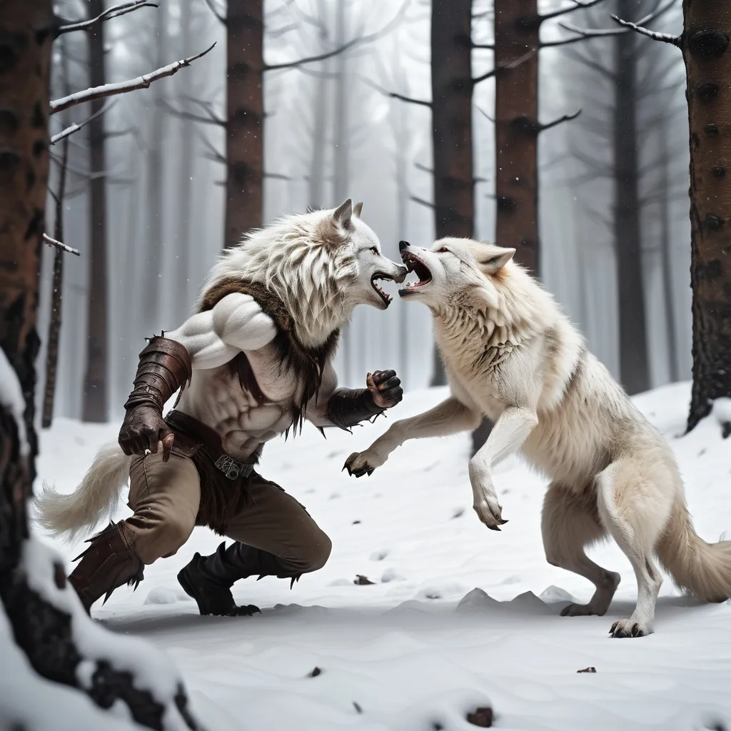 Prompt: White wolf
Fighting against Werewolf
In a forest on a snowy mountain