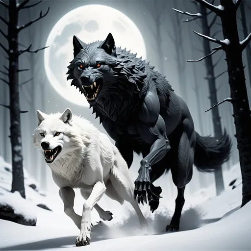 Prompt: A white leader wolf races with a black thin Werewolf in two leg
Running
In a forest of a snowy mountain 
Under moonlight 