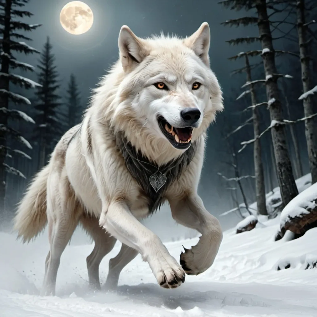 Prompt: White leader wolf
Running
An evil werewolf
Forest
Snowy mountain 
Moonlight