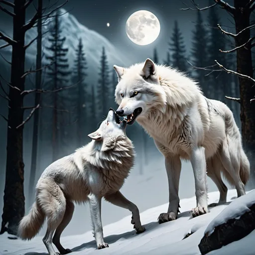 Prompt: White wolf spirit
Fight against Werewolf
Snowy mountains 
Forest
Moonlight