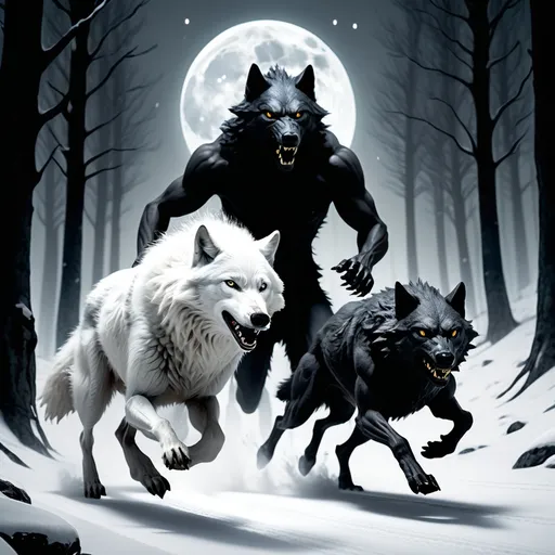 Prompt: A white leader wolf races with a black thin Werewolf Running with two legs 
In a forest of a snowy mountain 
Under moonlight 