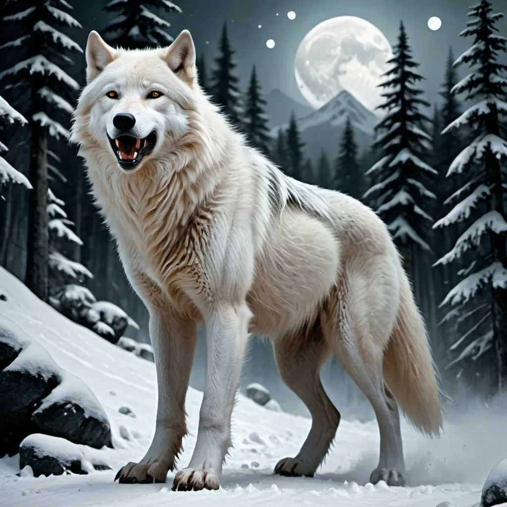 Prompt: White leader wolf
Racing with evil tall werewolf
Forest
Snowy mountain 
Moonlight