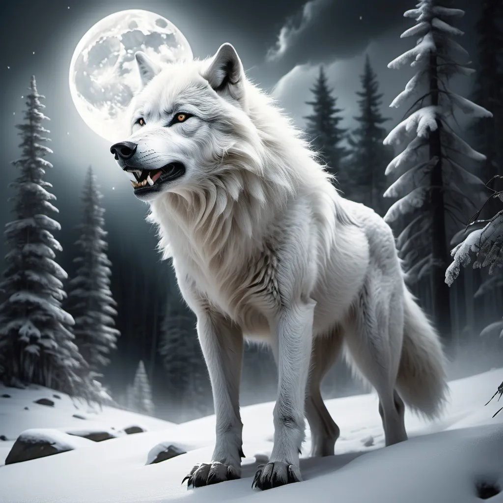 Prompt: White wolf spirit
Racing with werewolf
Silver lining of Moonlight
Forest
Snowy mountain 