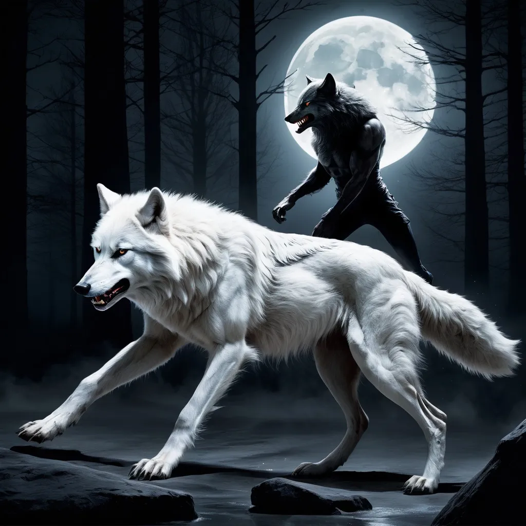 Prompt: White wolf
Competing with werewolf
Running
Moonlight
Night
 