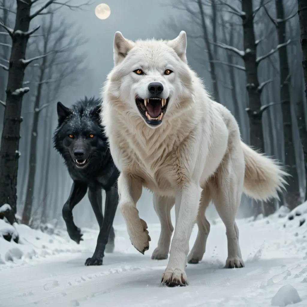 Prompt: A white leader wolf running ahead with a black thin Werewolf in two legs standing up straight 
Running
In a forest of a snowy mountain 
Under moonlight 