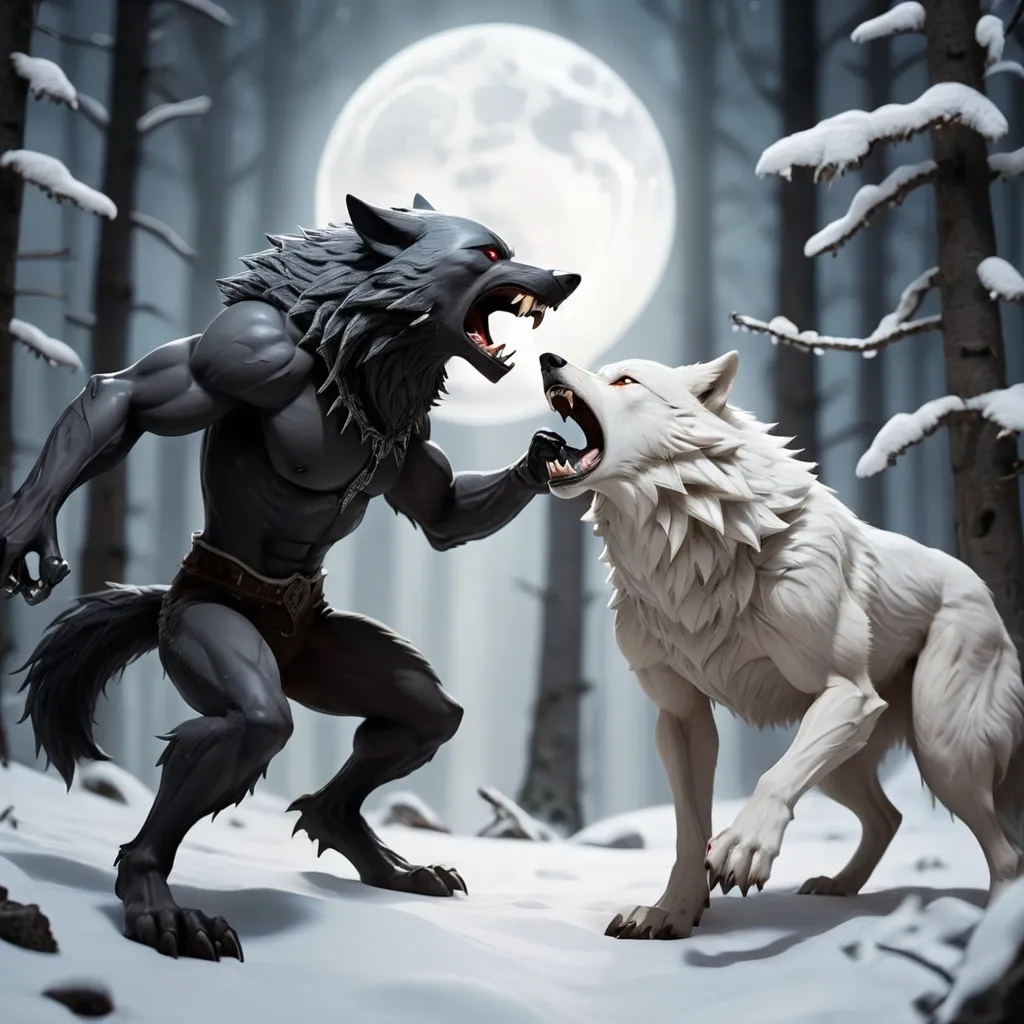 Prompt: White leader wolf fight against a black Werewolf
In a forest of a snowy mountain 
Under moonlight 