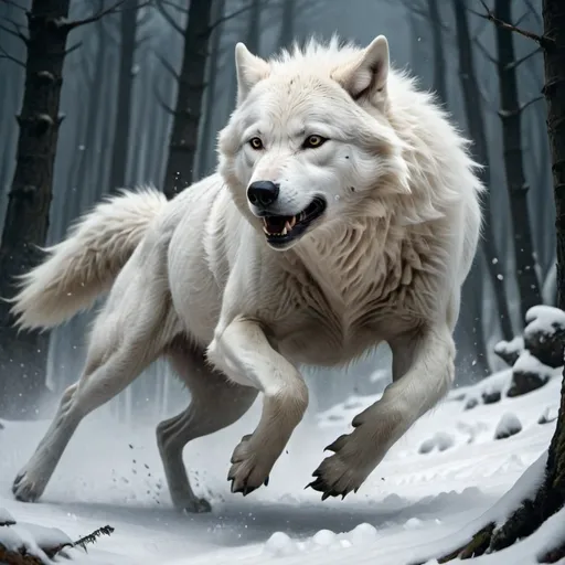 Prompt: A white spirit wolf races with a black thin Werewolf in two leg
Running
In a forest of a snowy mountain 
Under moonlight 