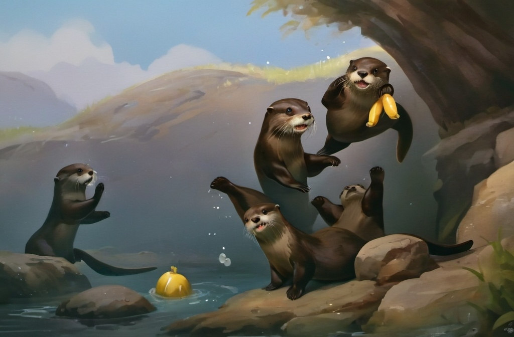 Prompt: Otters playing mischievously