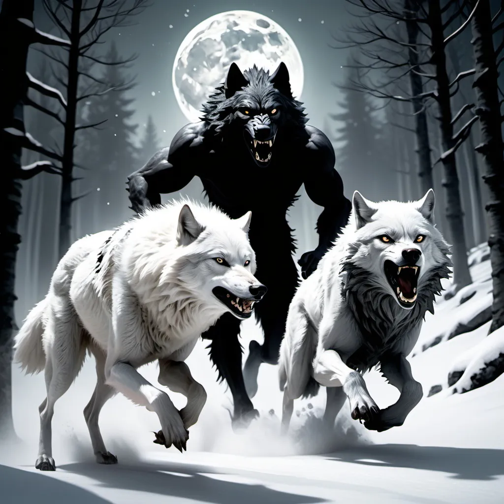 Prompt: A white leader wolf races with a black thin Werewolf Running with two legs 
In a forest of a snowy mountain 
Under moonlight 