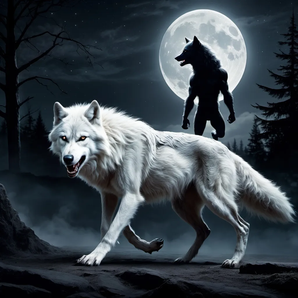 Prompt: White wolf
Competing with werewolf
Running
Moonlight
Night
 