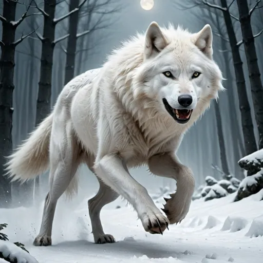 Prompt: A white wolf spirit
A black Werewolf
 races by running with two legs in a forest of snowy mountain under the moonlight 