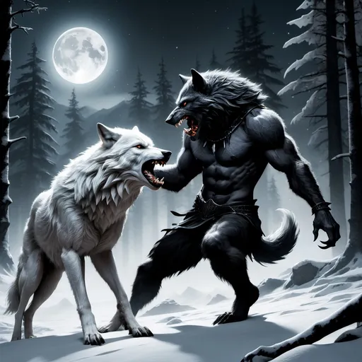 Prompt: White leader wolf fight against a black Werewolf
In a forest of a snowy mountain 
Under moonlight 