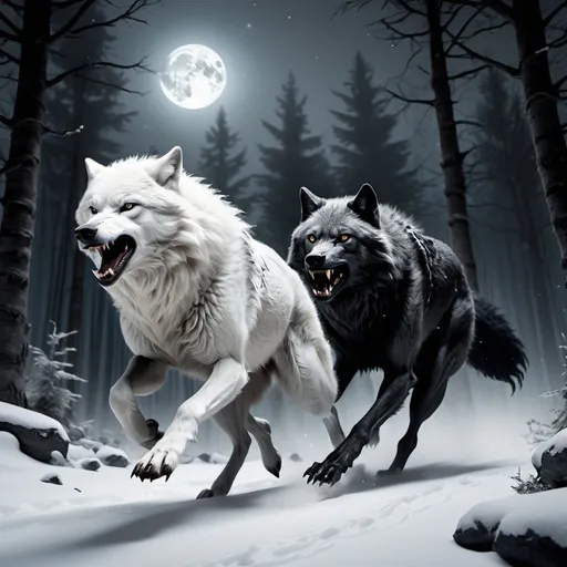 Prompt: A white leader wolf races with a black thin Werewolf Running with two legs 
In a forest of a snowy mountain 
Under moonlight 