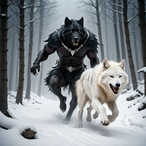 Prompt: A white wolf rushing ahead like a ghost while a black Werewolf chasing after in two legs up right position  in a forest of a snowy mountain under the moonlight