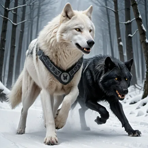 Prompt: One White  Leader Wolf with Emblem races with One Black Werewolf Running by Two Leg in a forest of snowy mountain under the moonlight 