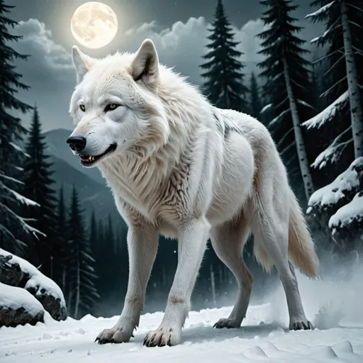 Prompt: White leader wolf
Racing with evil tall werewolf
Forest
Snowy mountain 
Moonlight