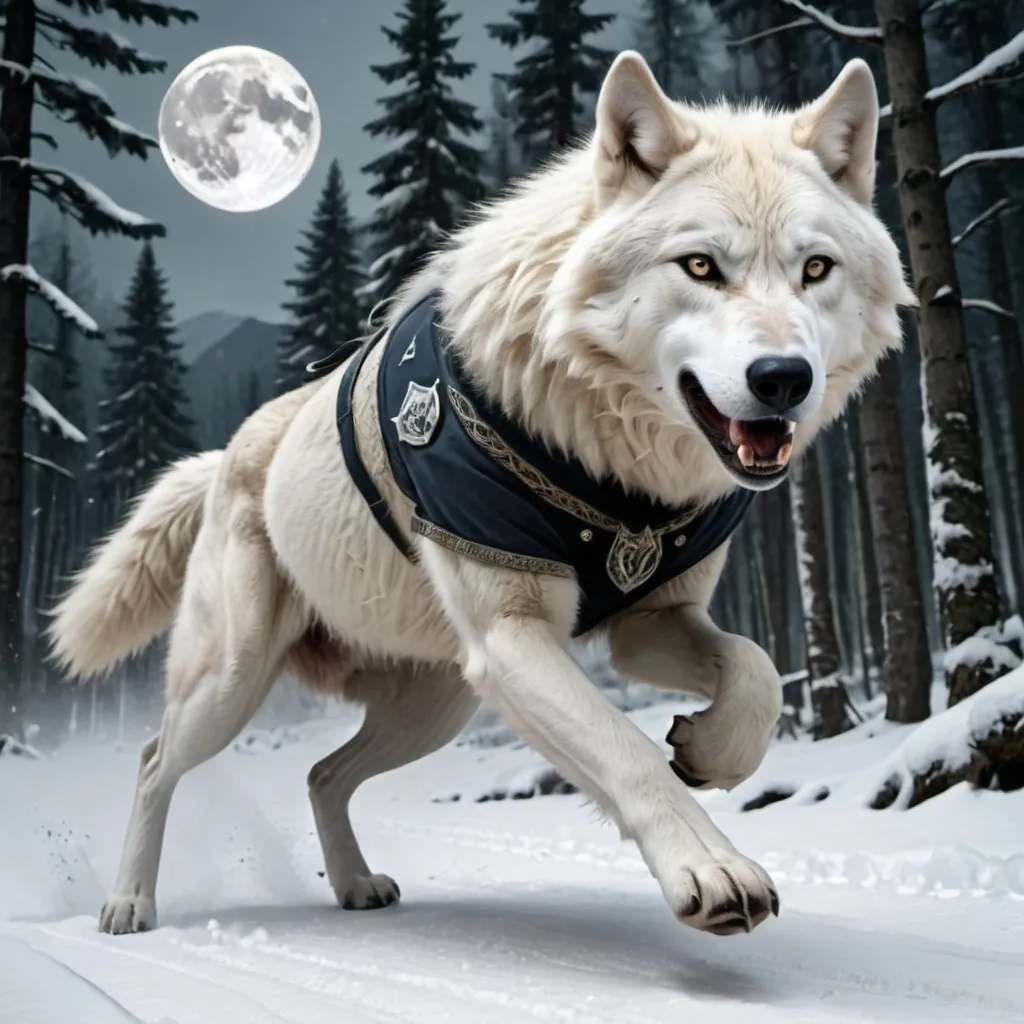 Prompt: One White  Leader Wolf with Emblem races with One Black Werewolf Running by Two Leg in a forest of snowy mountain under the moonlight 