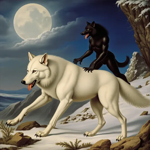 Prompt: A white wolf is racing with a black human-transformed werewolf in a rocky mountain under the moonlight and snow