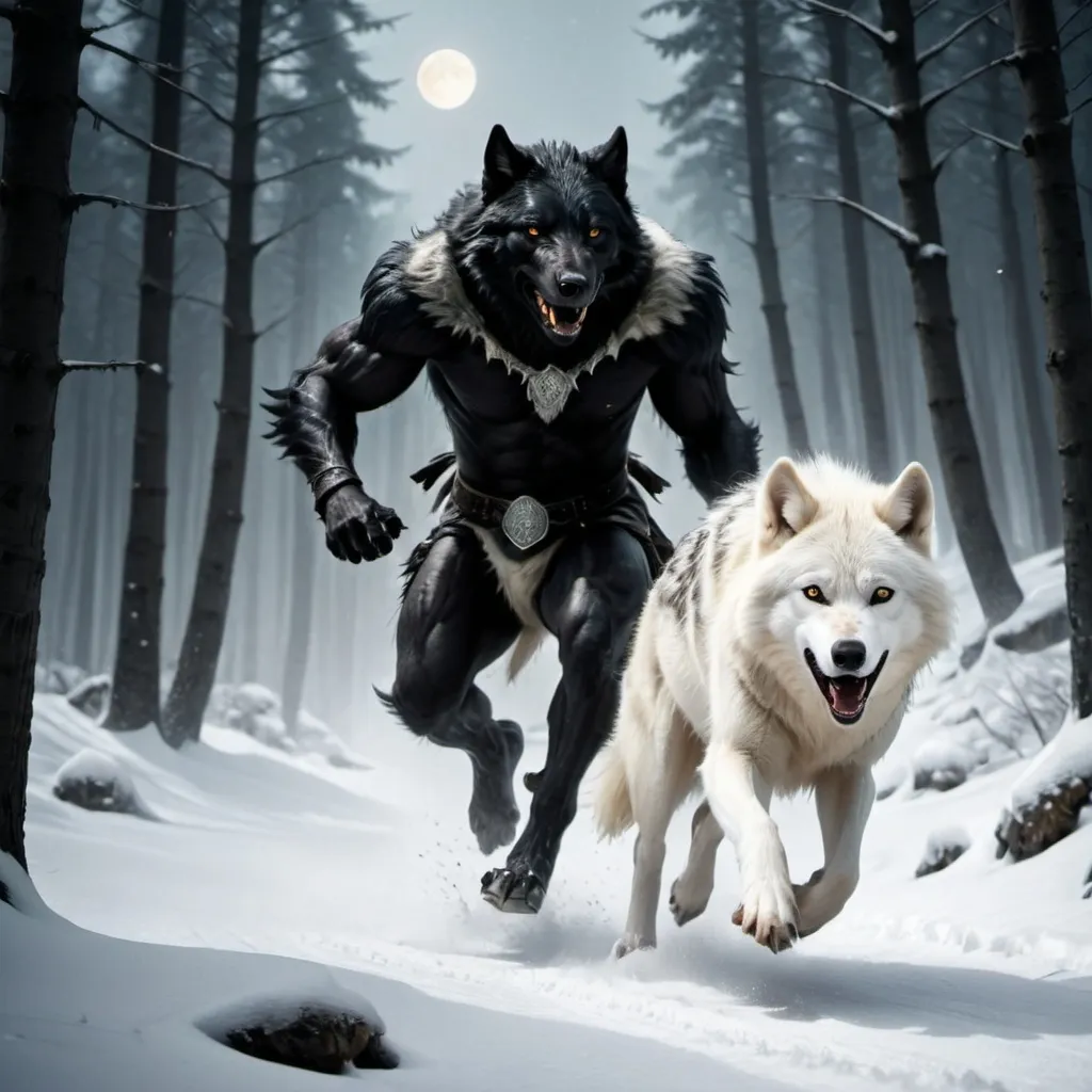 Prompt: A white wolf rushing ahead while a black Werewolf chasing after in two legs up right position  in a forest of a snowy mountain under the moonlight