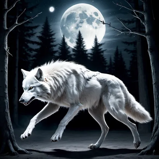 Prompt: White wolf
Competing with werewolf
Running
Moonlight
Night
 