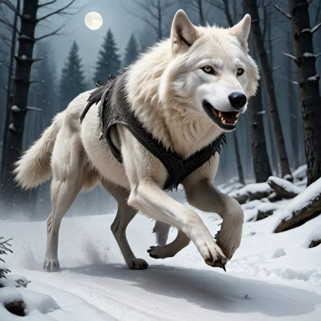 Prompt: A white leader wolf races with a black thin Werewolf in two legs with up straight position
Running
In a forest of a snowy mountain 
Under moonlight 