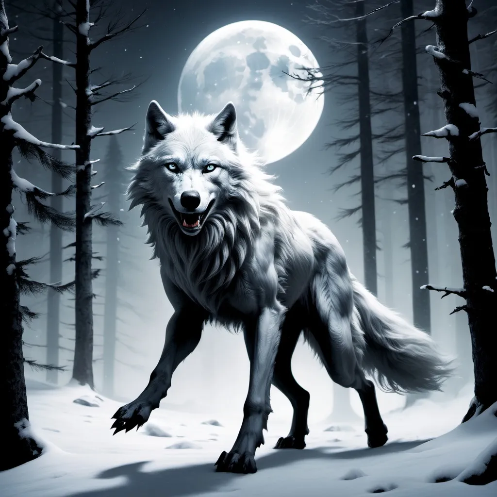 Prompt: A white wolf spirit races with a black thin Werewolf,
Running with two legs,
In a forest of a snowy mountain,
Under moonlight 