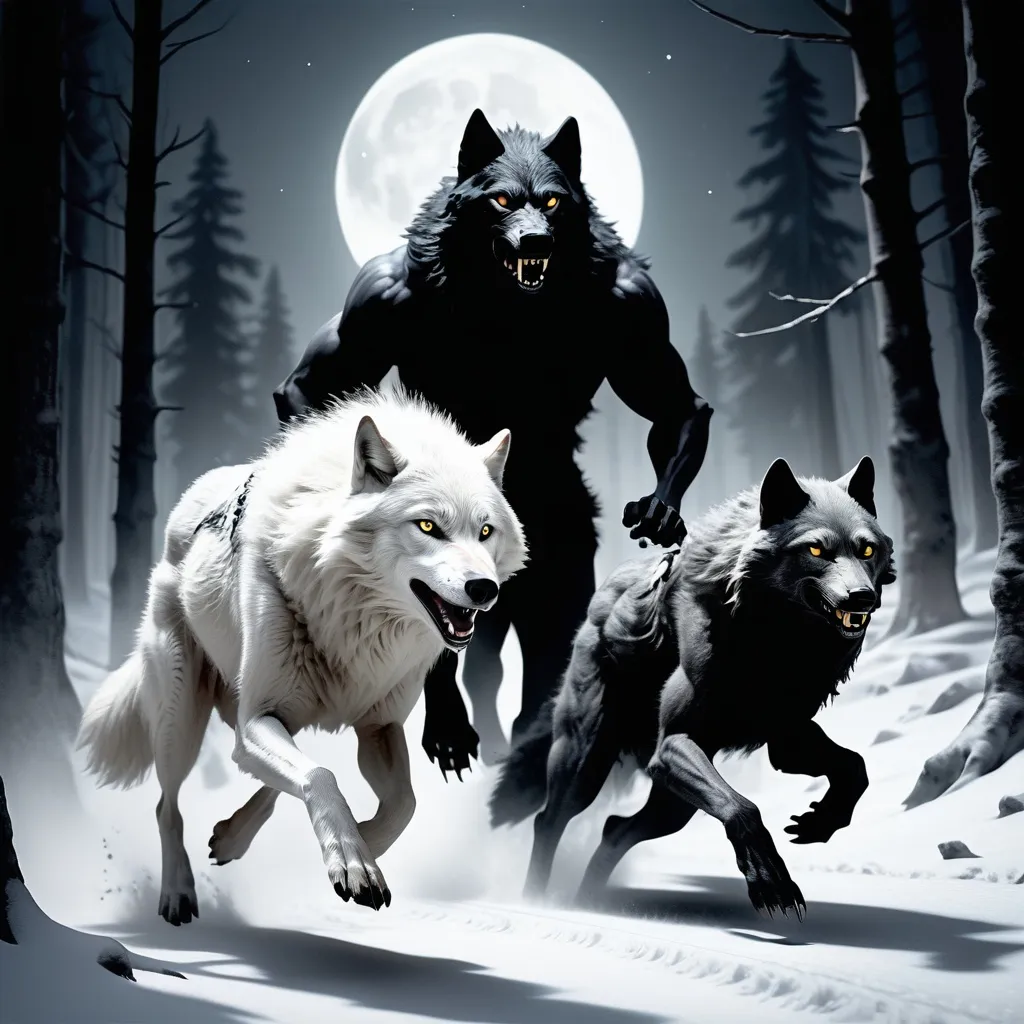 Prompt: A white leader wolf races with a black thin Werewolf Running with two legs 
In a forest of a snowy mountain 
Under moonlight 