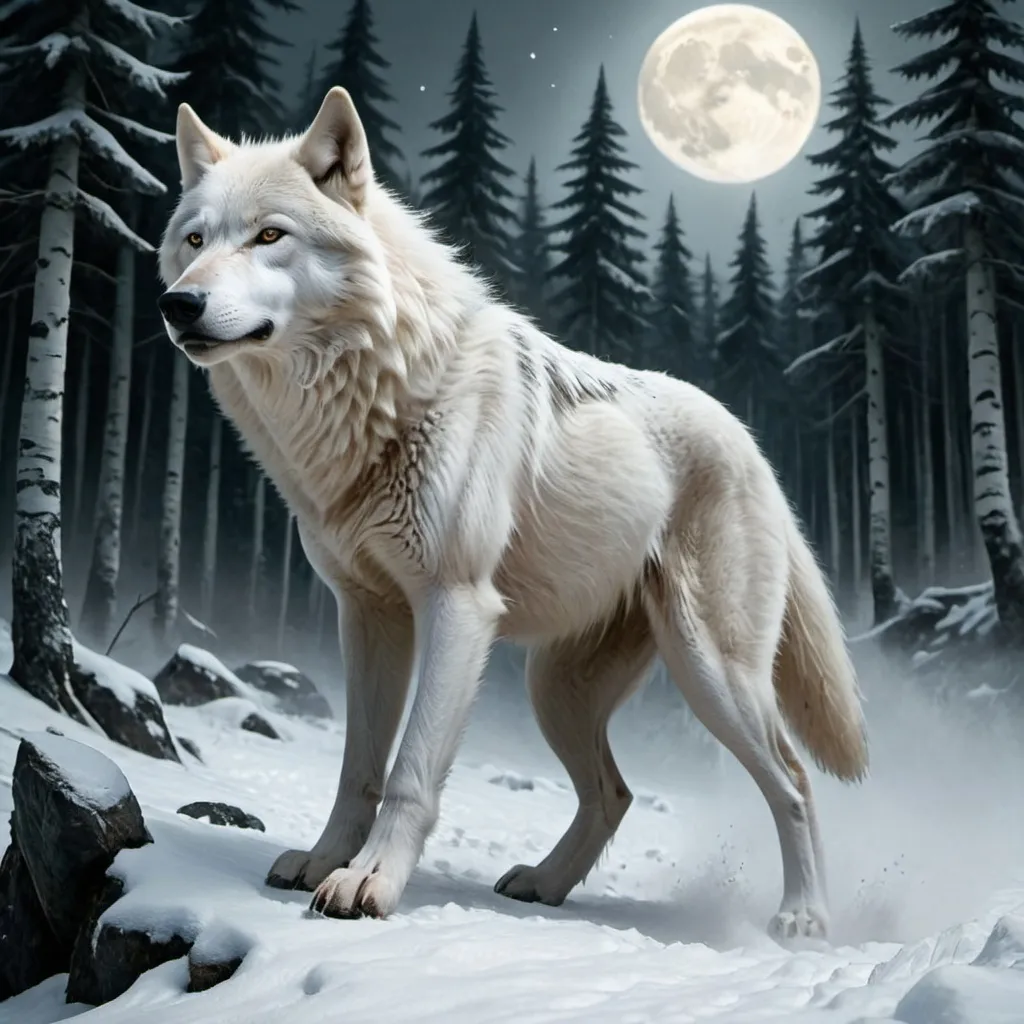 Prompt: White leader wolf
Racing with evil tall werewolf
Forest
Snowy mountain 
Moonlight