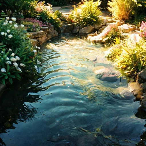 Prompt: An artesian well exists quietly, with water, inside a garden in the end of summer