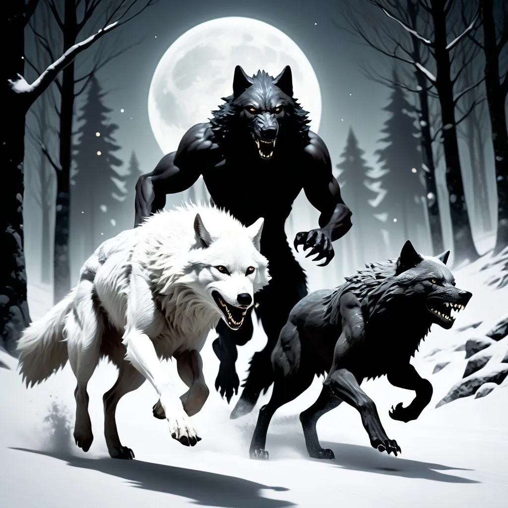 Prompt: A white leader wolf races with a black thin Werewolf Running with two legs 
In a forest of a snowy mountain 
Under moonlight 