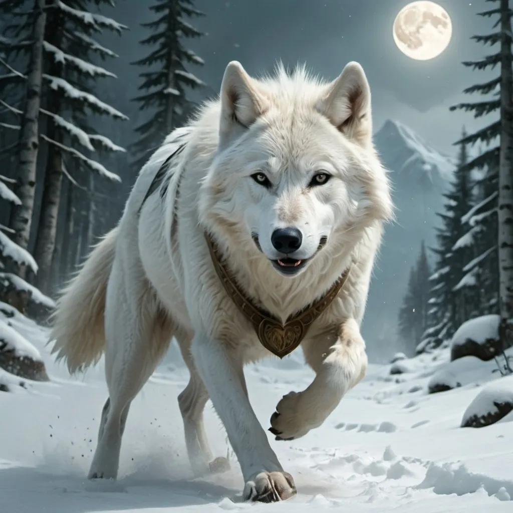 Prompt: A white leader wolf  with emblem running in a forest of a snowy mountain under the moonlight