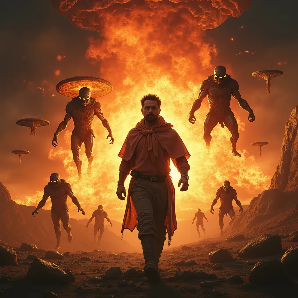 Prompt: Movie poster, extraterrestrial invasion, featuring strange creatures and a fiery deluge, with the lead actor Achemlal Rachid at the center.