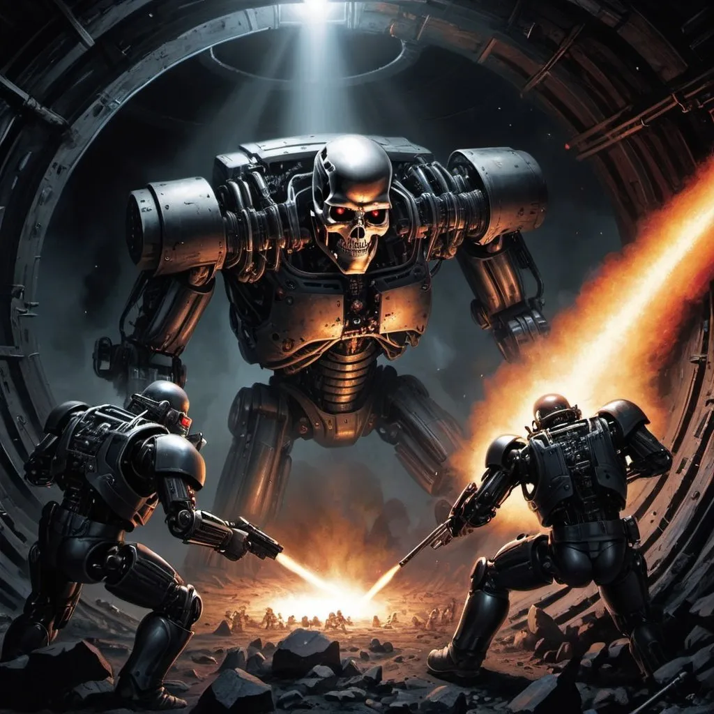 Prompt: Terminator killing dwarves in the black hole