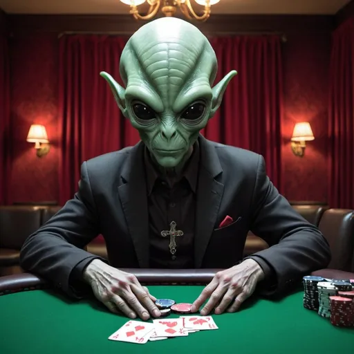 Prompt: An alien who plays poker with god and the devil