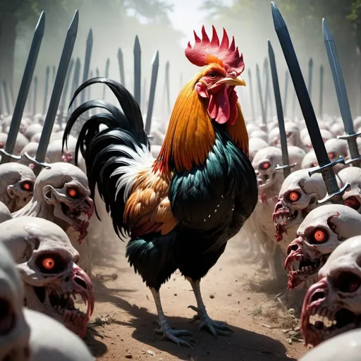 Prompt: A rooster emerging from an army of the living dead with sabers