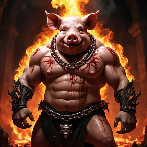 Prompt: Pig titan spitting fire and wearing a Hades chain,in the underworld with blood everywhere