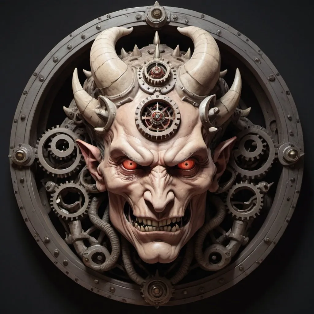 Prompt:  The head of the mechanical devil with a Gorgon inside him in a round portrait