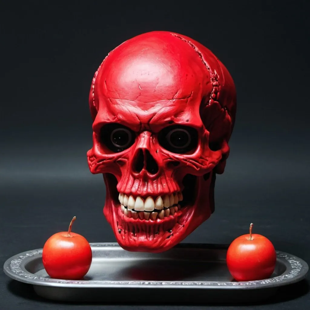 Prompt: A red skull on a tray that eats eyes