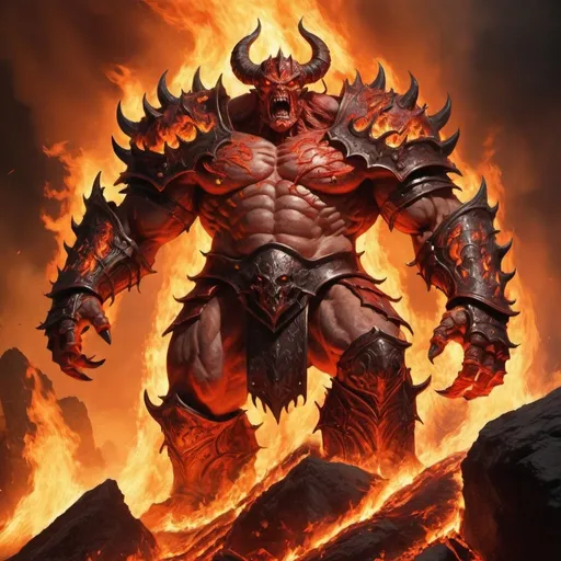 Prompt: Giant  in fiery armor,enraged in the fire of  hell that kills demons
